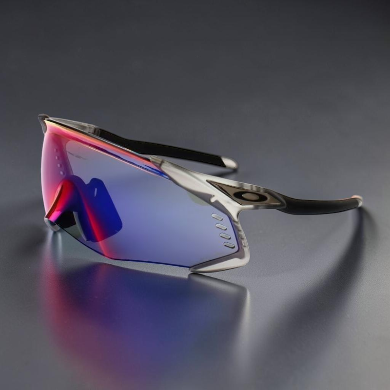 Gafas de sol deportivas OakGlasses Kato Velo con lente envolvente azul y roja y montura gris translúcida