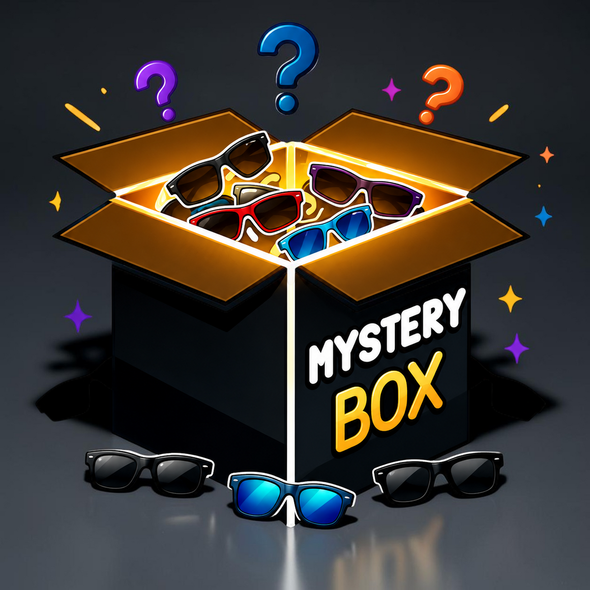 Caja de regalo OakGlasses Mystery Box con gafas de sol variadas y signos de interrogación coloridos